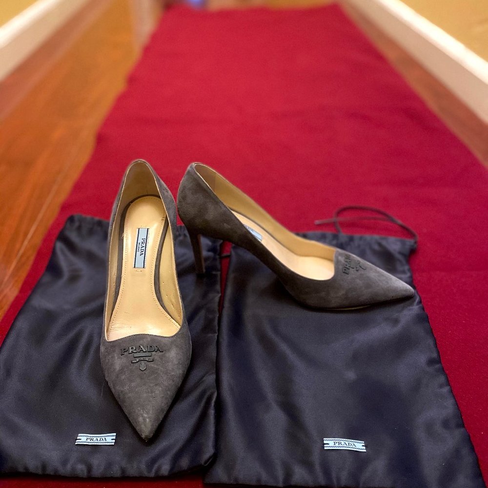 Prada Logo Suede Pointed-toe Pumps